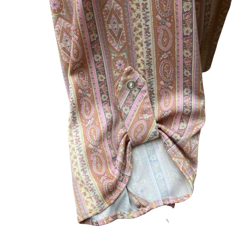 VTG 90s Polyester Shirt L/XL Top Notch Peach Paisley Floral Roll Tab Loose Fit Size L - Image 8