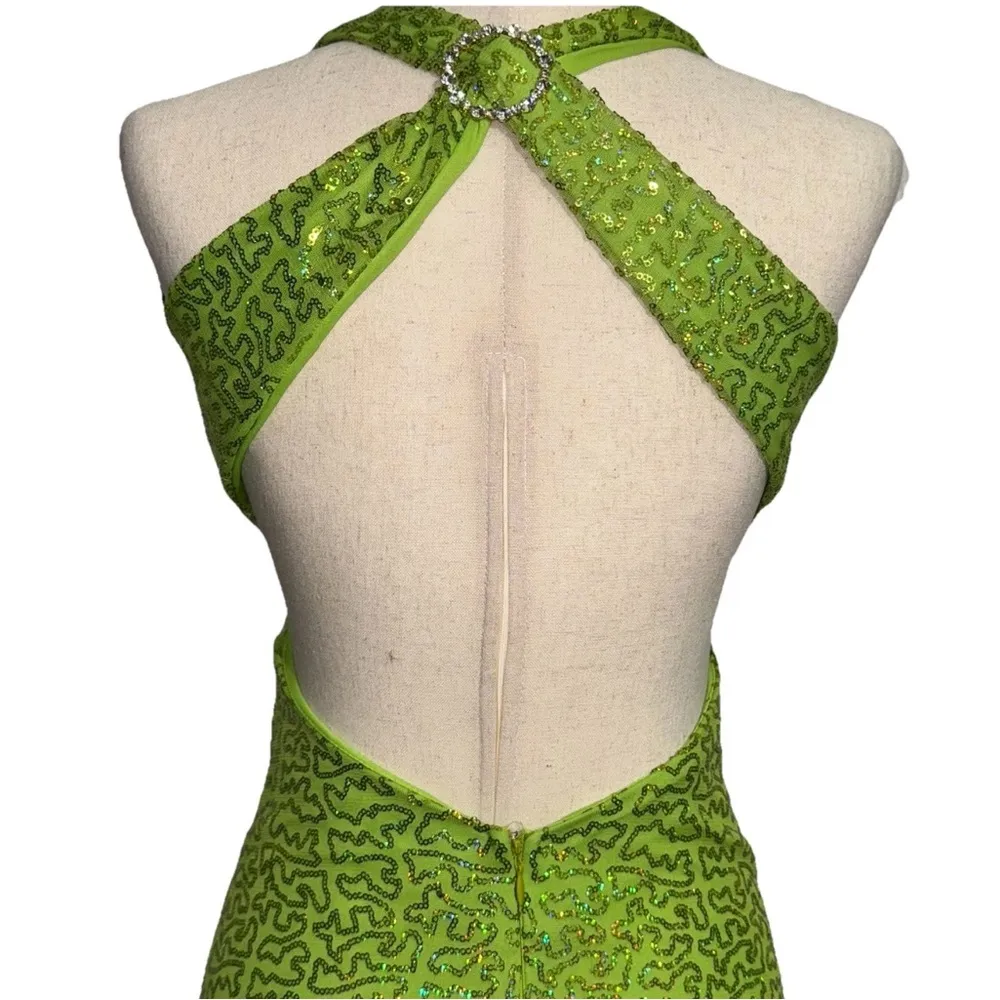 Zum Zum Green Sequin Halter Gown 1 XS XXS Prom Formal Low Open Back Mermaid Size undefined - Image 4