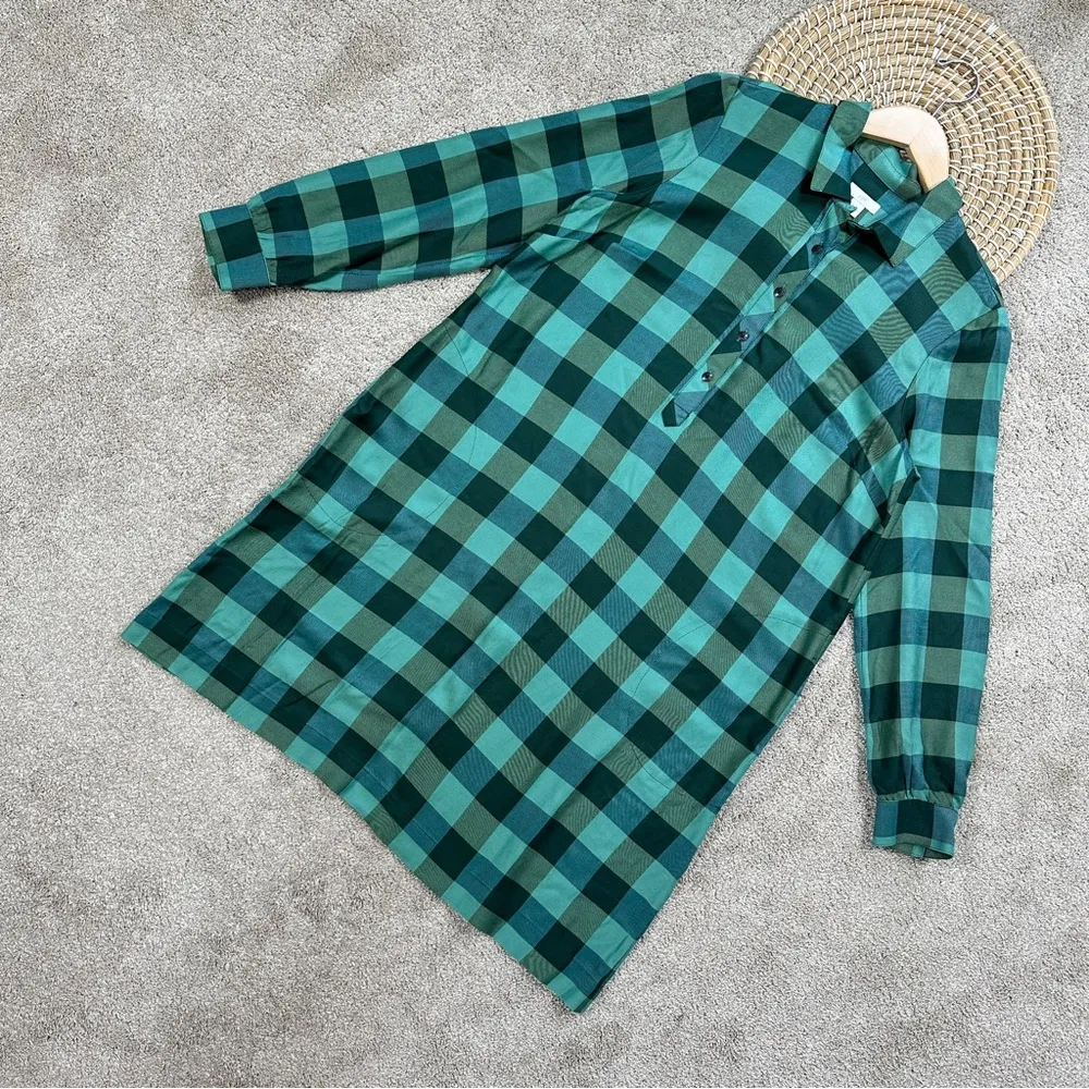 J. Jill Green Buffalo Check Plaid Shirt Dress Longsleeve Pockets Scots Pine XS - Image 3