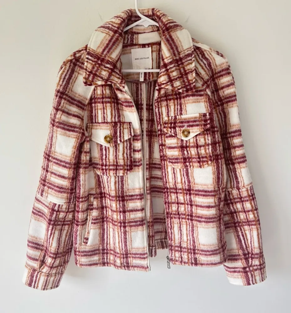 Avec Les Filles Plaid Zip Up Jacket Fleece White Pink Orange Shacket Cropped - Image 1
