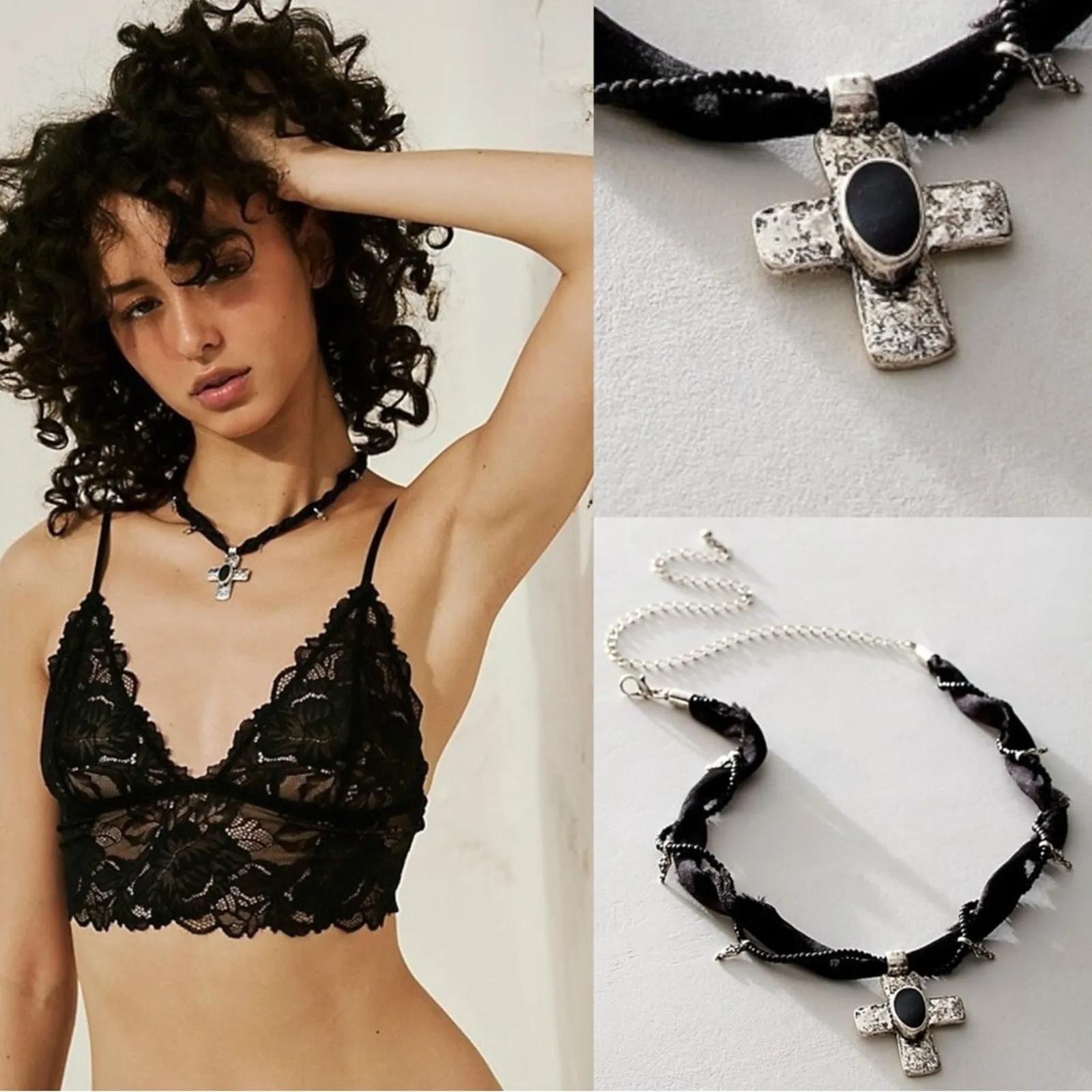 Free People Lola Choker in Black NWT Cross Bohemian Velvet Necklace - Image 2
