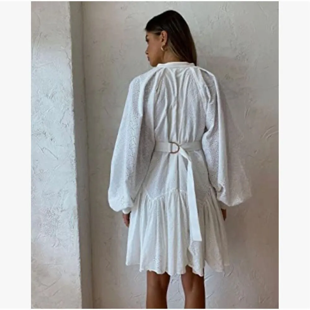 NEW White Eyelet Swing tunic Mini Dress Pockets S - Image 3