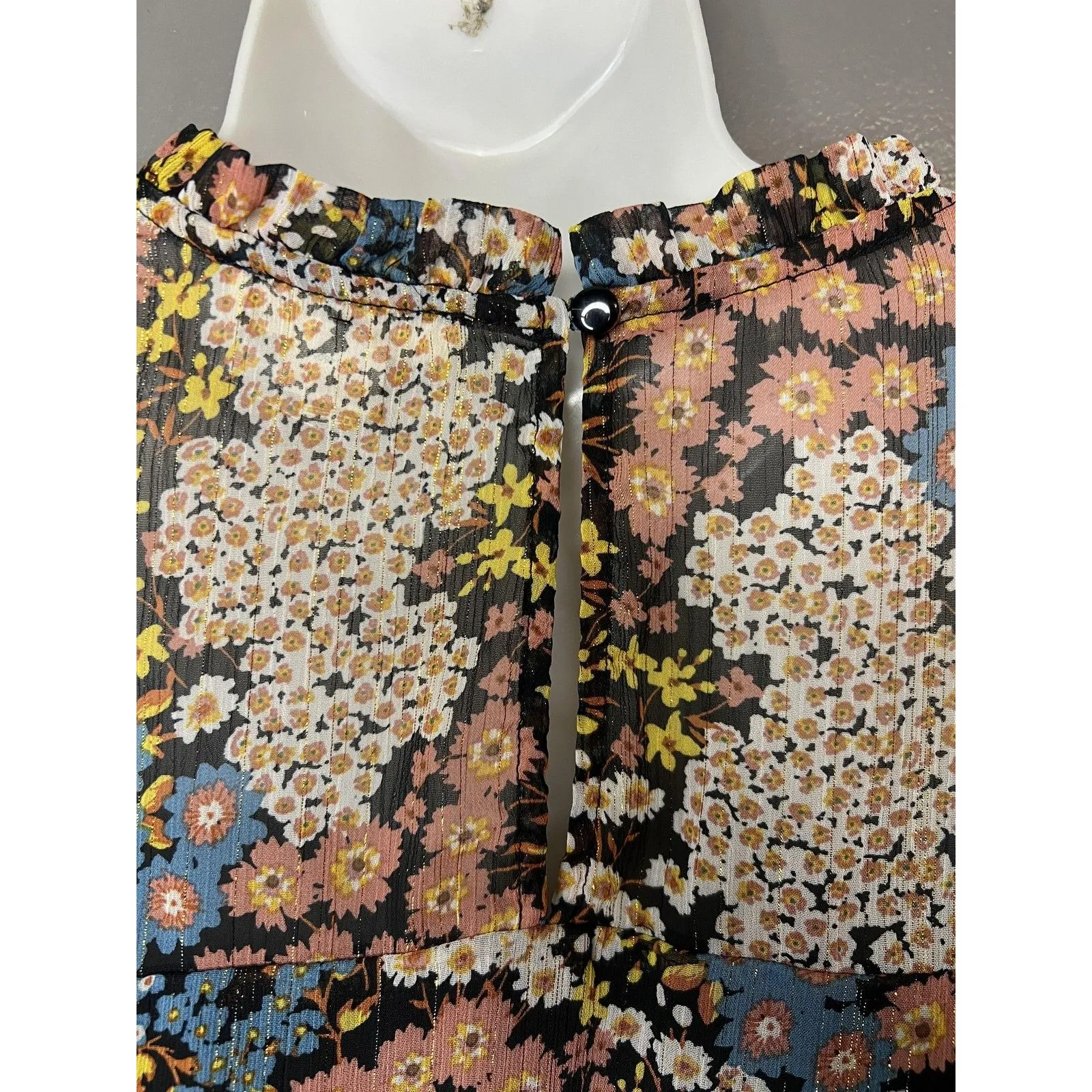 Monteau Blouse Womens Small Black Floral Ruffle Long Sleeve Sheer Lurex Top - Image 6