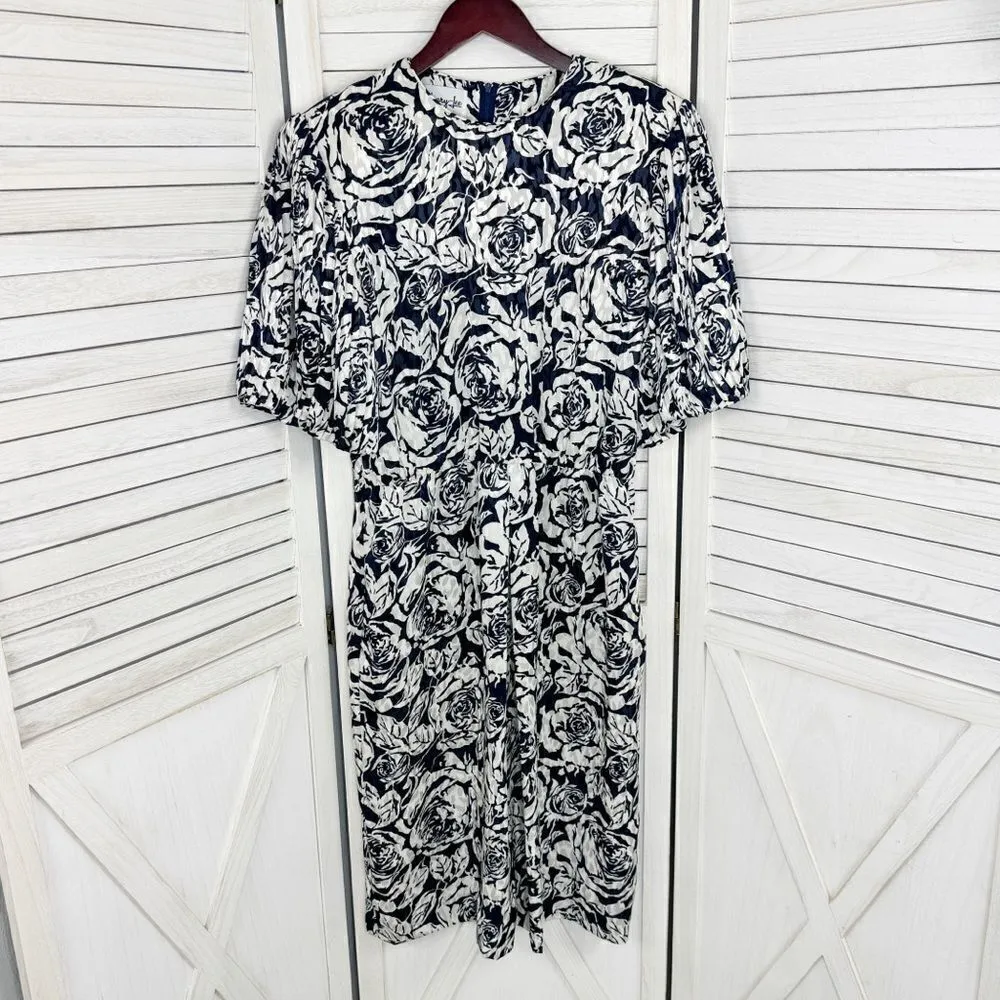 Vintage‎ Henry Lee Floral Satin Jacquard Pleated Puff Sleeve Dress Blue White 12 Blue - Image 9