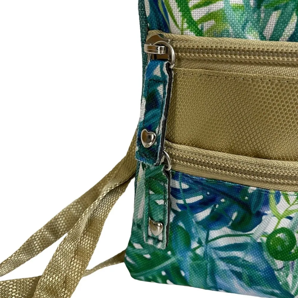 Glove It Crossbody Bag Purse Womens Floral Tropical Leaf Multi Zip Polyester Green - Image 2