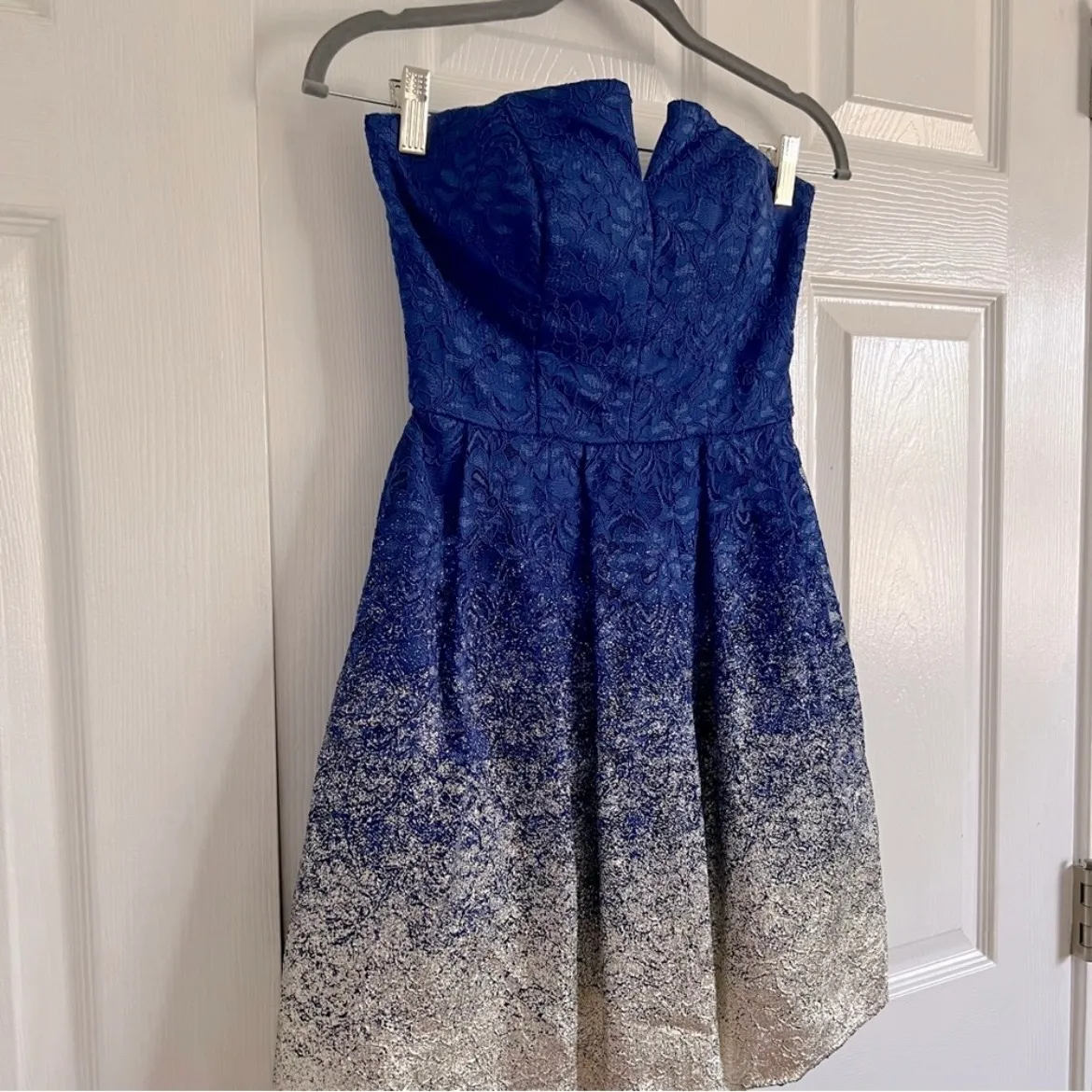 B Darlin Lace Blue and Gold Strapless Dress - Image 2
