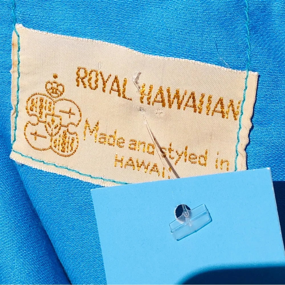 Vintage Blue Tiki Room Royal Hawaiian Mini Dress Cotton Batik Floral Stripe S - Image 7