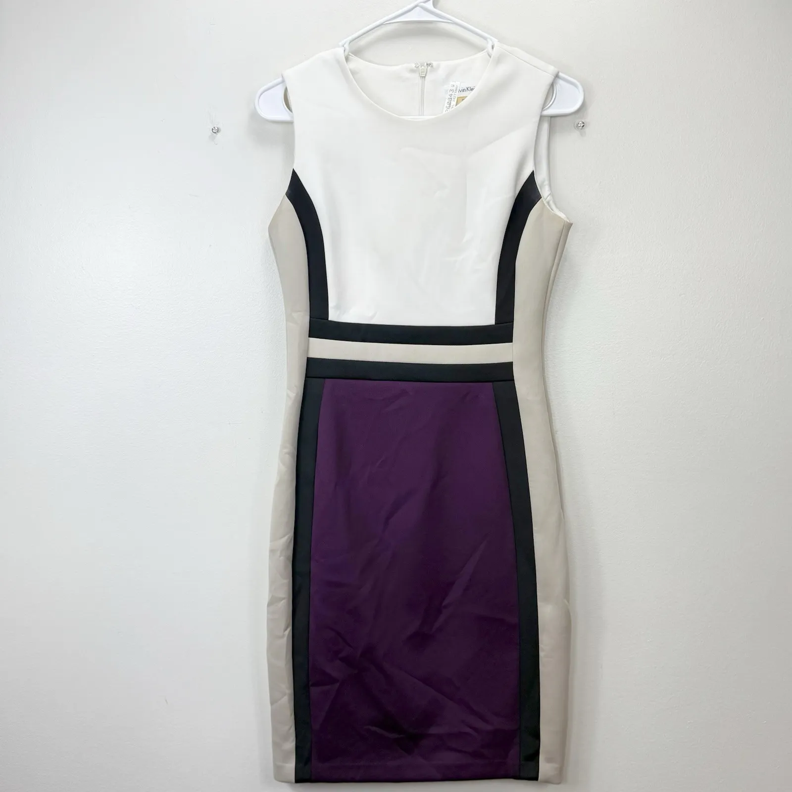 Calvin Klein Purple Cream Colorblock‎ Scuba Knit Sleeveless Sheath Dress Size 4 - Image 3