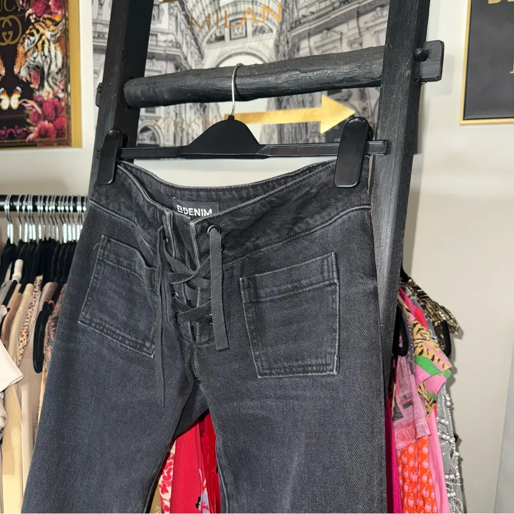 New EB Denim Black Low Rise Lace Up Wide Leg Jeans Women Size 26 Made USA - Image 7