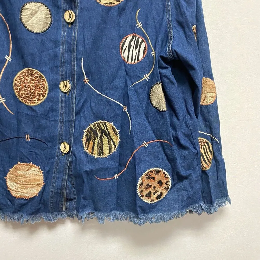Julia Kim Plus 2x Denim Shirt Patched Jacket Animal Print Art To Wear Boho 90s - Image 2