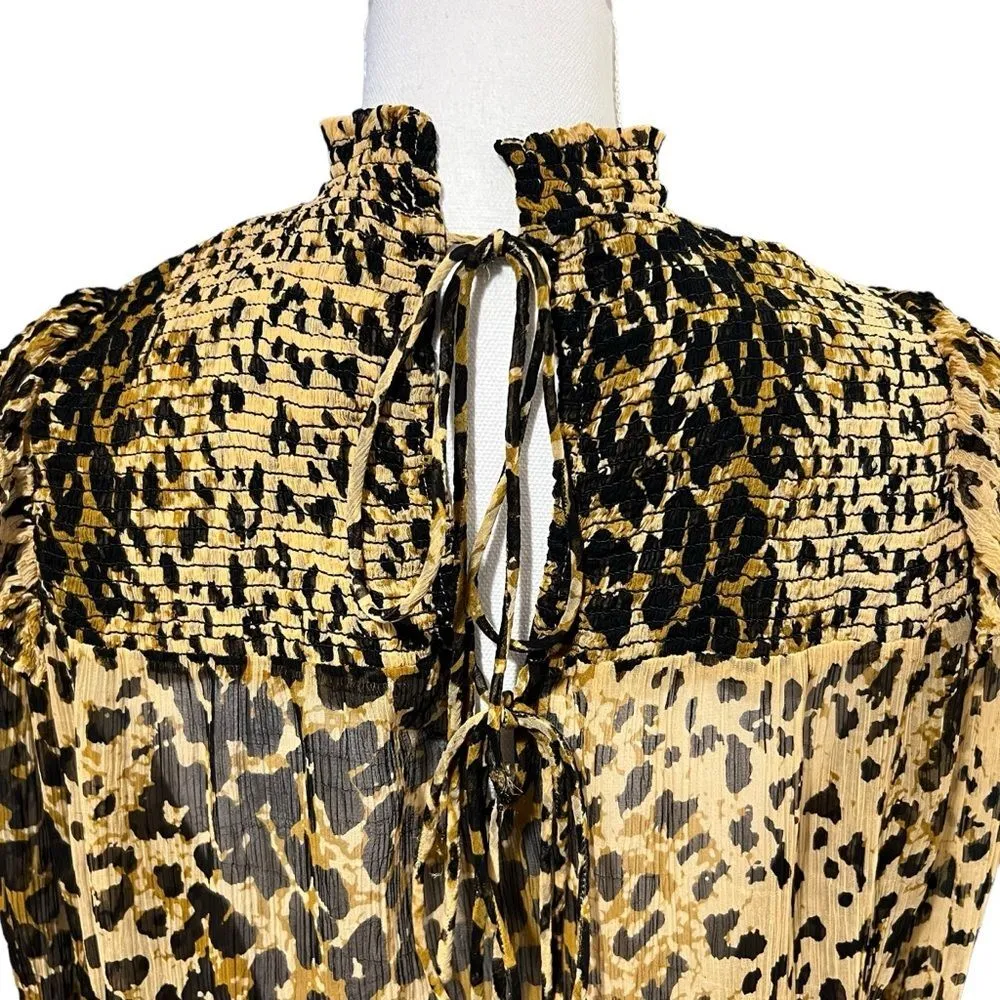 Free People Roma Leopard Print Blouse XS Smocked Ruffle Bohemian Romantic - Image 7
