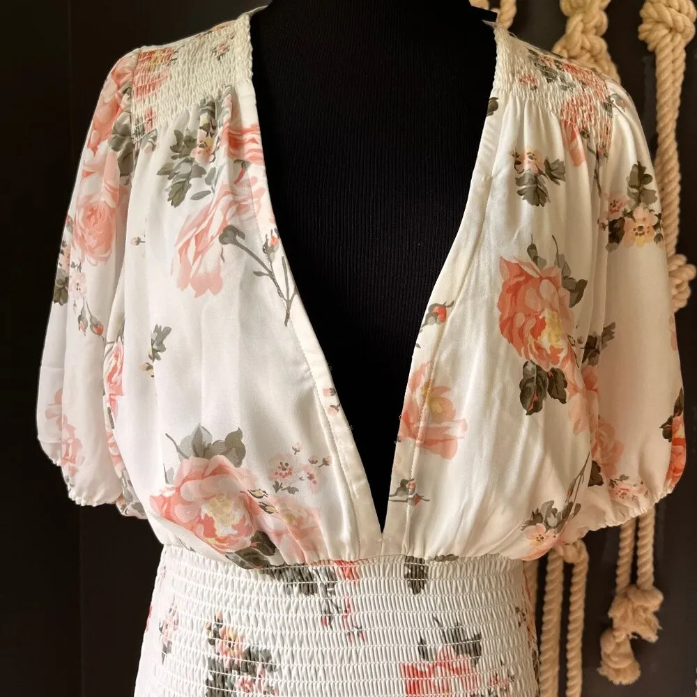 Abercrombie and Fitch Floral Smocked Mini Dress SZ L Deep Plunge Wedding Guest - Image 4