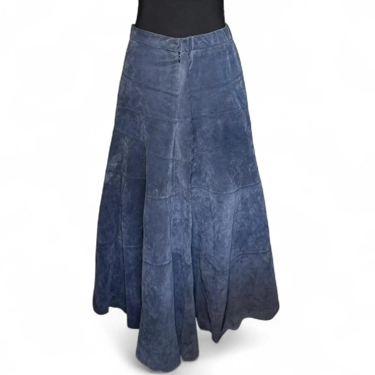 Soft Surroundings Blue Suede Leather Maxi Skirt Small Tiered Long Boho Flare 35" - Image 2