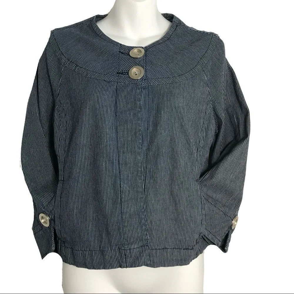 Anthropologie Tria Railroad Striped Big Button Crew Jean Crop Jacket Blu… - Image 11