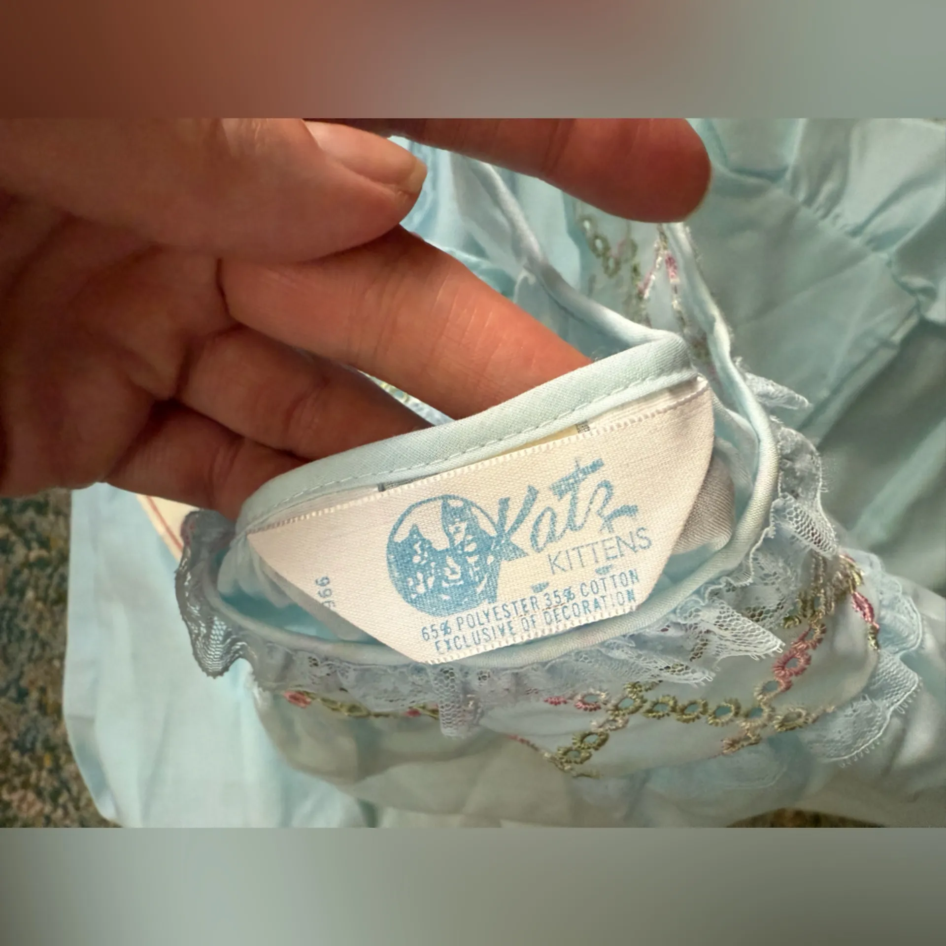 Vintage NOS 60s Katz Kittens cotton eyelet lace nightgown robe set, size medium Blue - Image 14