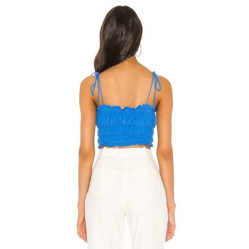 Superdown Revolve‎ Rylie Blue Tie Strap Smocked Ruched Crop Top Size medium - Image 2