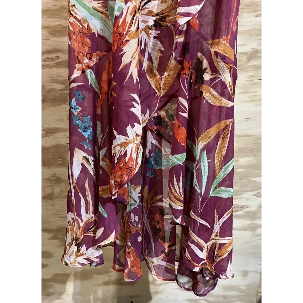 Express Women Maroon Floral Maxi Dress XS Ruffle High Low Flowy Fairy Festival - Image 7
