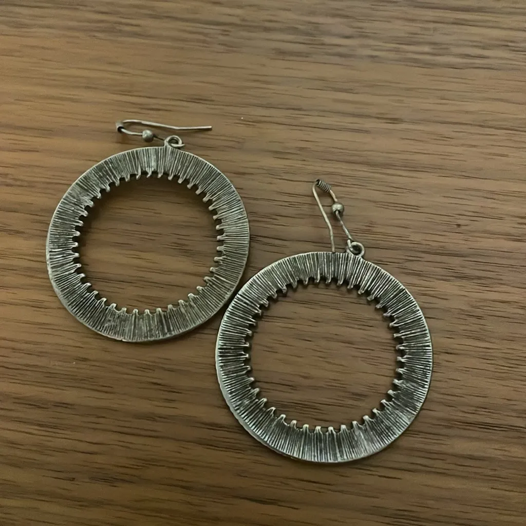Bronze Tone Dangle Circular Hoop Earrings, Hook Backing Gold - Image 5