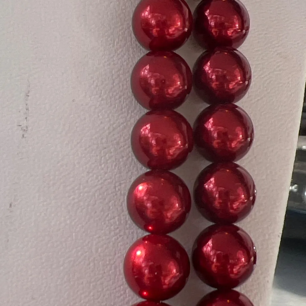 Vtg RMN Double Strand Necklace Red Graduated Faux Pearls Marcasite Beads Estate - Image 3