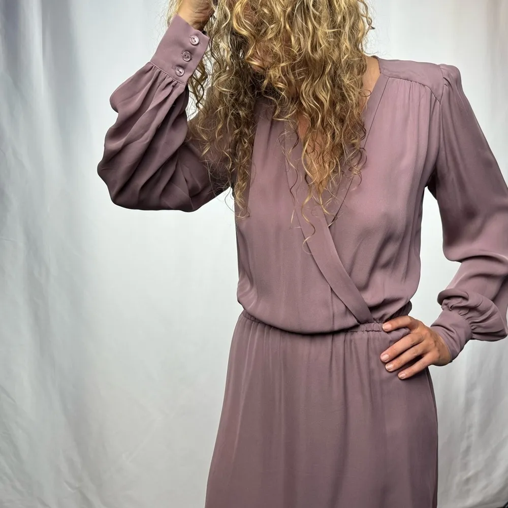 Parker‎ Long Sleeve Silk V Neck Mini Dress in Purple Size Extra Small - Image 4