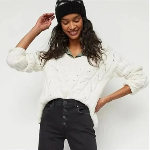 Anthropologie White Ramona Cable Pointelle Knit Chunky Alpaca Sweater | XL - Image 16