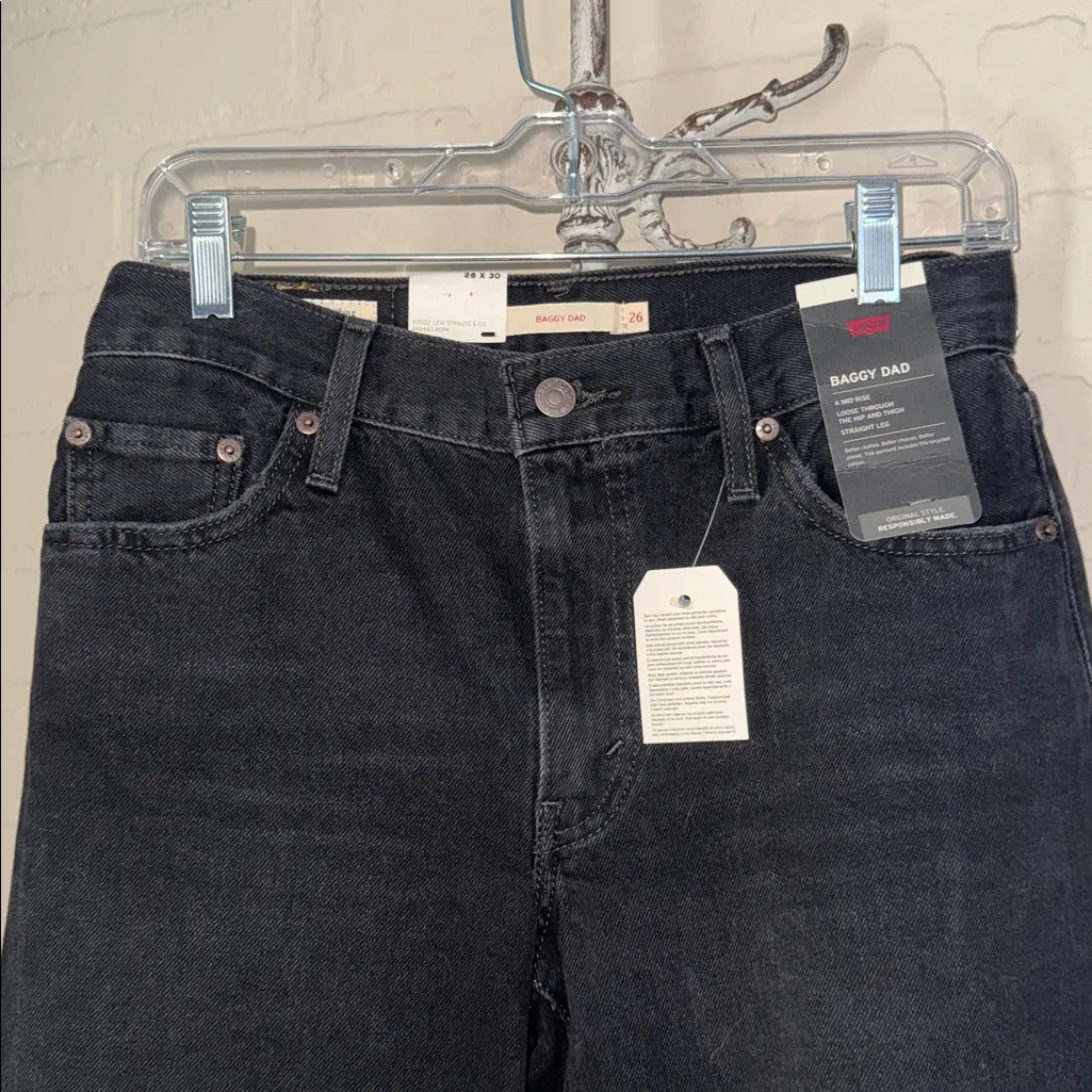 Levi's Baggy Dad Jeans Women's 26x30 Black Straight Leg Mid-Rise Distressed NEW - Image 3