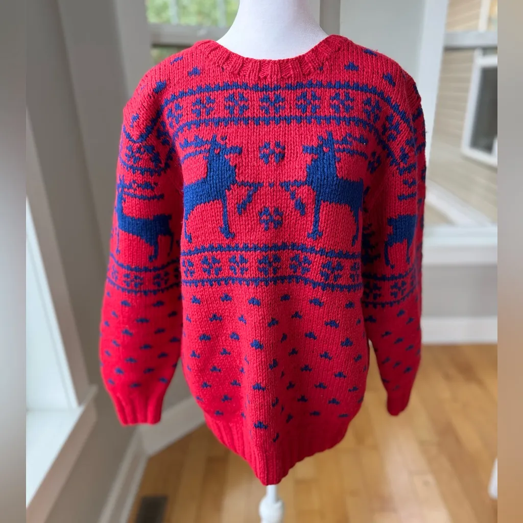 Vintage Hand Knit Wool Ralph Lauren Red Cobalt Blue Reindeer Sweater Sz Medium - Image 2