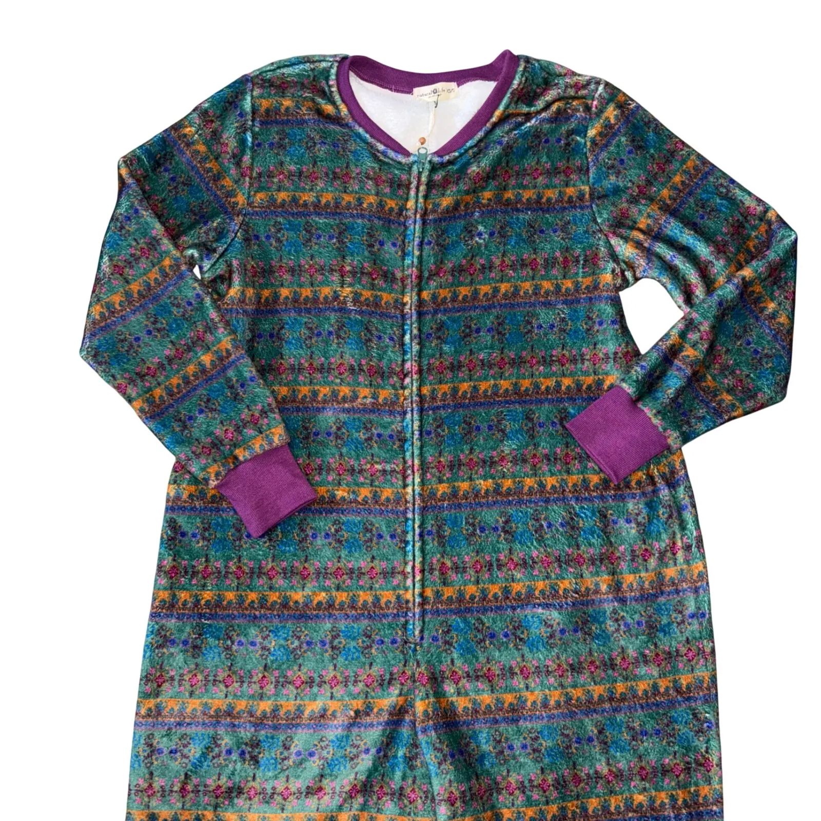 Natural Life Boho Fleece One Piece Pajama Jumpsuit Teal Print XS S - Image 4