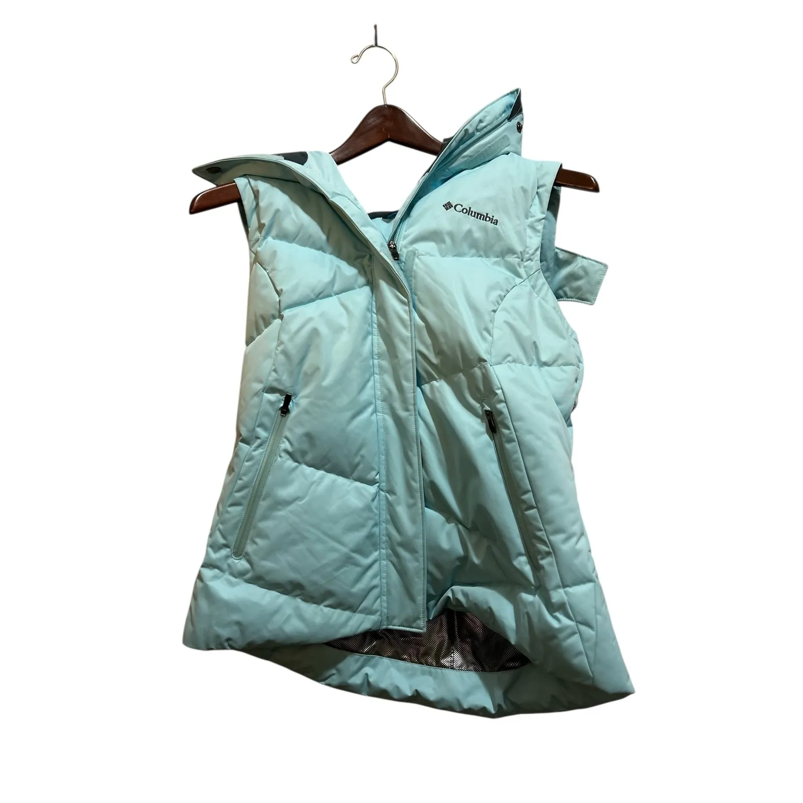 Columbia Puffer Vest Hooded Faux Fur Trim Light Blue Womens Size S like new - Image 3