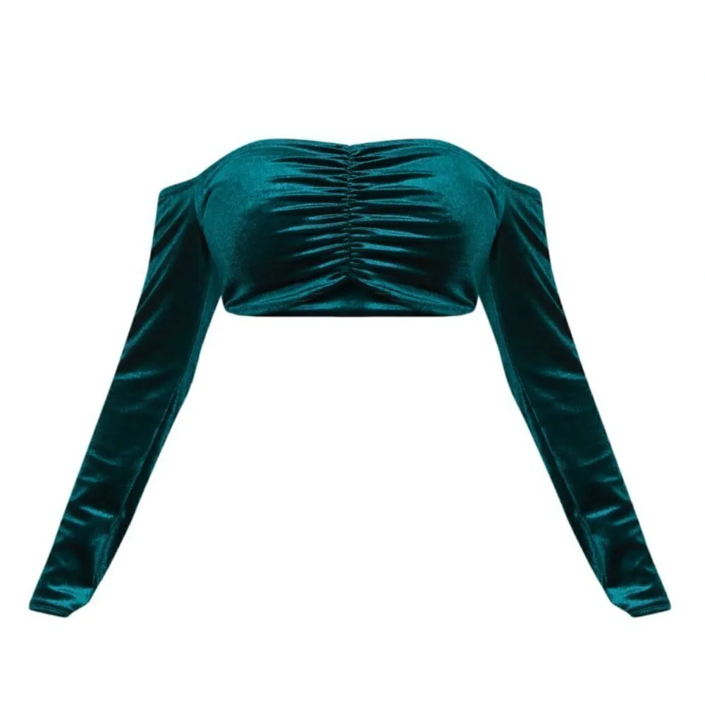 PrettyLittleThing Velvet Crop Top 14 NWT Shape Emerald Green Ruched Front Bardot - Image 3