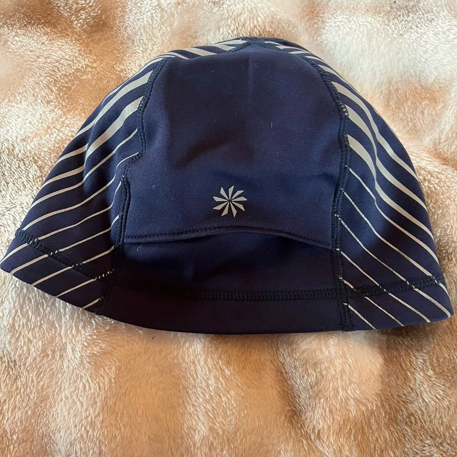 athleta beanie soft shell running cap hat ponytail blue and gray EUC striped - Image 2