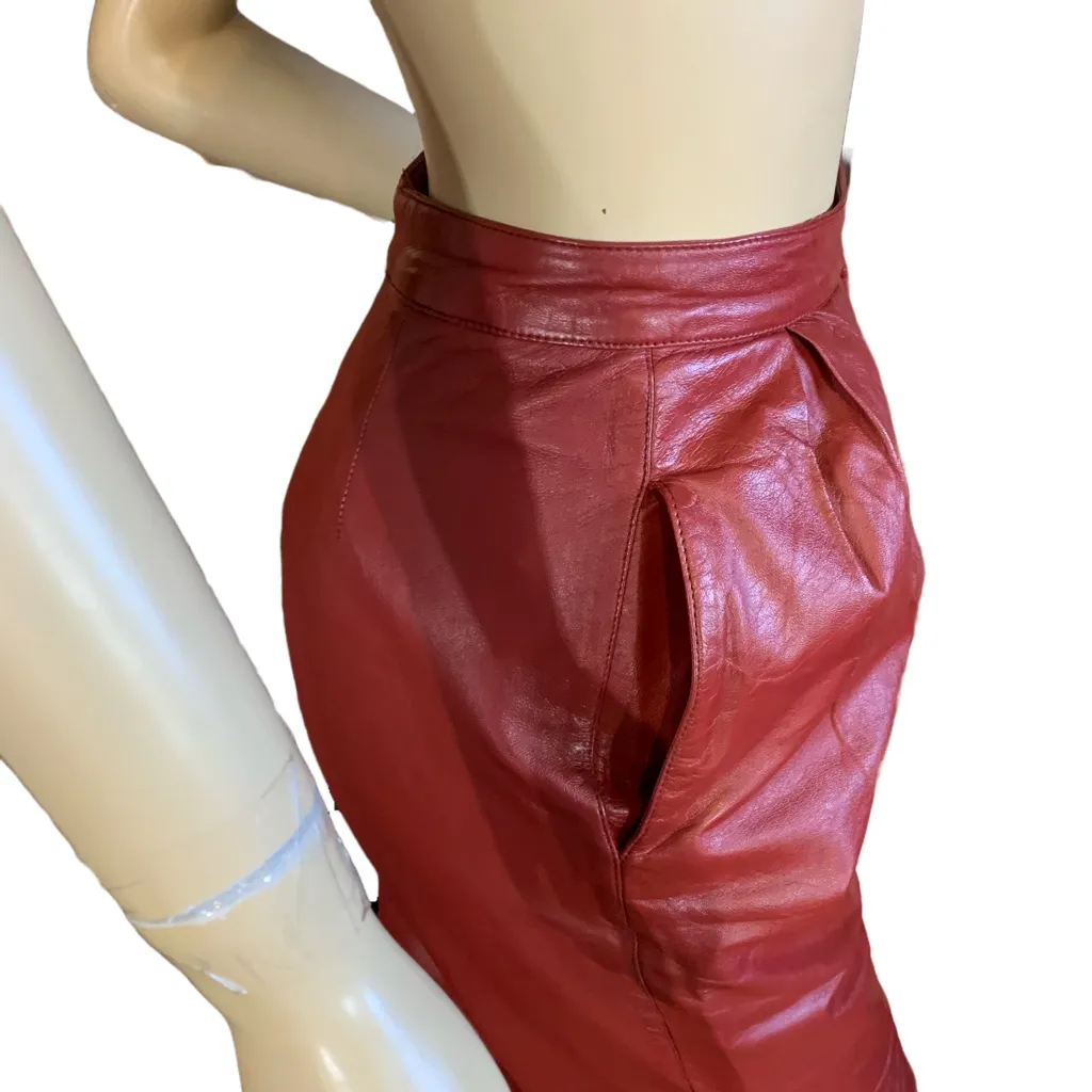 VINTAGE 1980'S REDDISH BROWN LEATHER STRAIGHT LEG PLEATED TROUSERS (XS) Red - Image 7