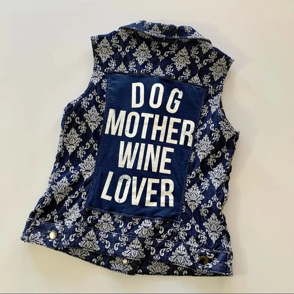 Via Penny Lane Reworked Apparel | Dog Mother Wine Lover Brocade Denim Vest M Size M - Image 9