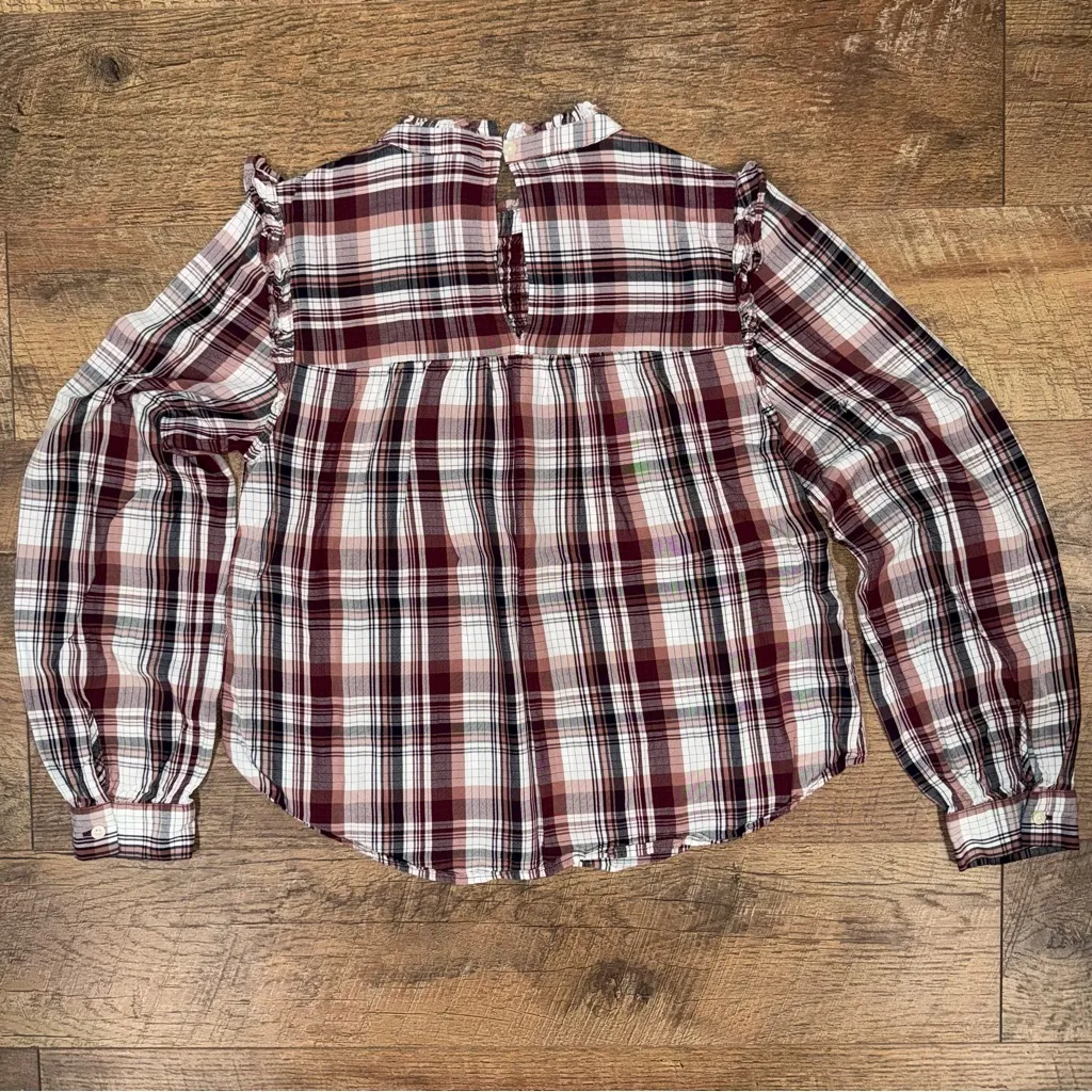 LOFT Burgundy Plaid Ruffle Blouse - Image 8