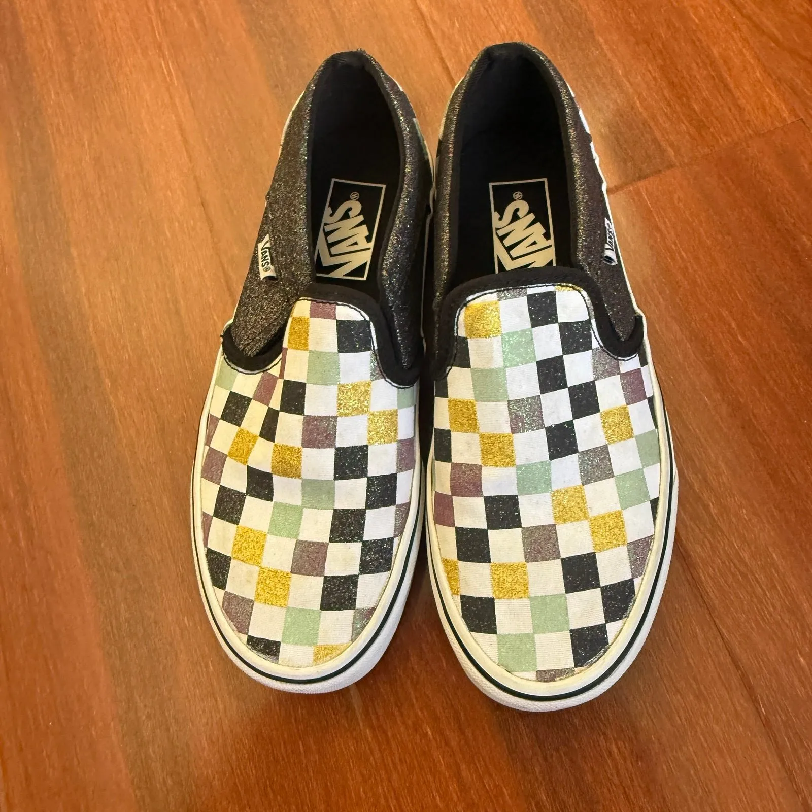 Vans Checkered Green Yellow Black Glitter Womens 6.5 - Image 3