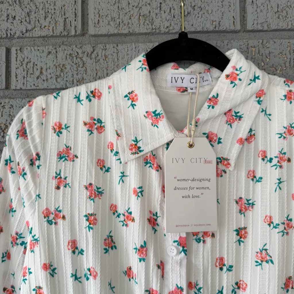 NWT Ivy City Co Lola Long Sleeve Midi Dress Pink Roses Floral Size Medium White - Image 6