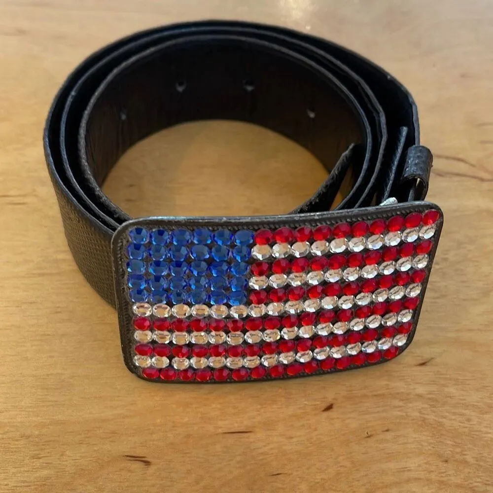 Kathe‎ Helander Womens Crystal American Flag Buckle Leather Belt Black - Image 2