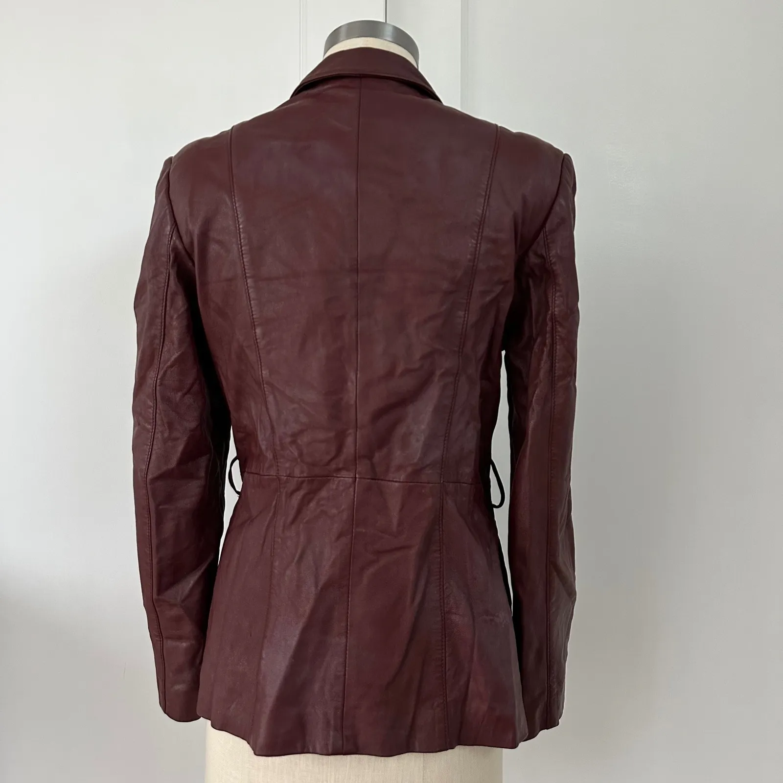 Kinaff Burgundy Leather Blazer Jacket XS Front Button Pockets Tailored Brown - Image 10
