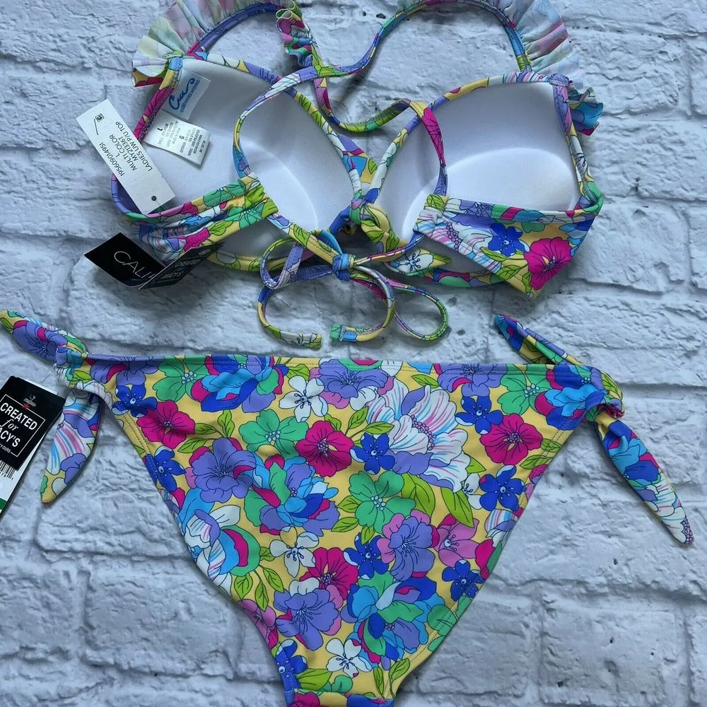 California Waves Juniors' Boho Floral 2pc Bikini Ruffle Side Tie Underwire L New - Image 4