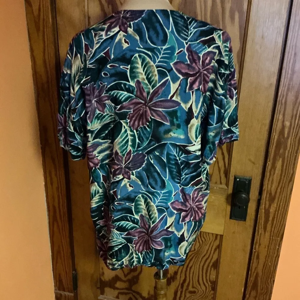 Vtg 80s Bright Tropical Flowers Blouse Blue Size L - Image 10