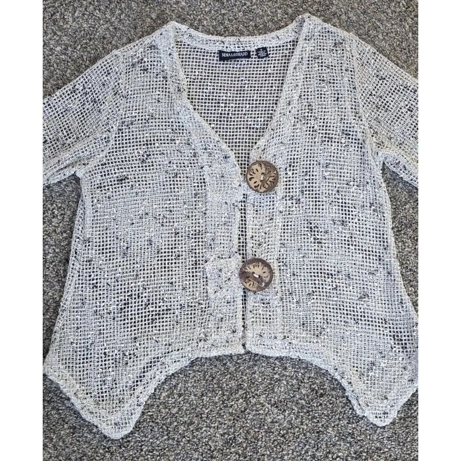 Nina Leonard Open Weave Cardigan, Big Buttons, Asymmetrical, Cream/gray. Size Sm - Image 3