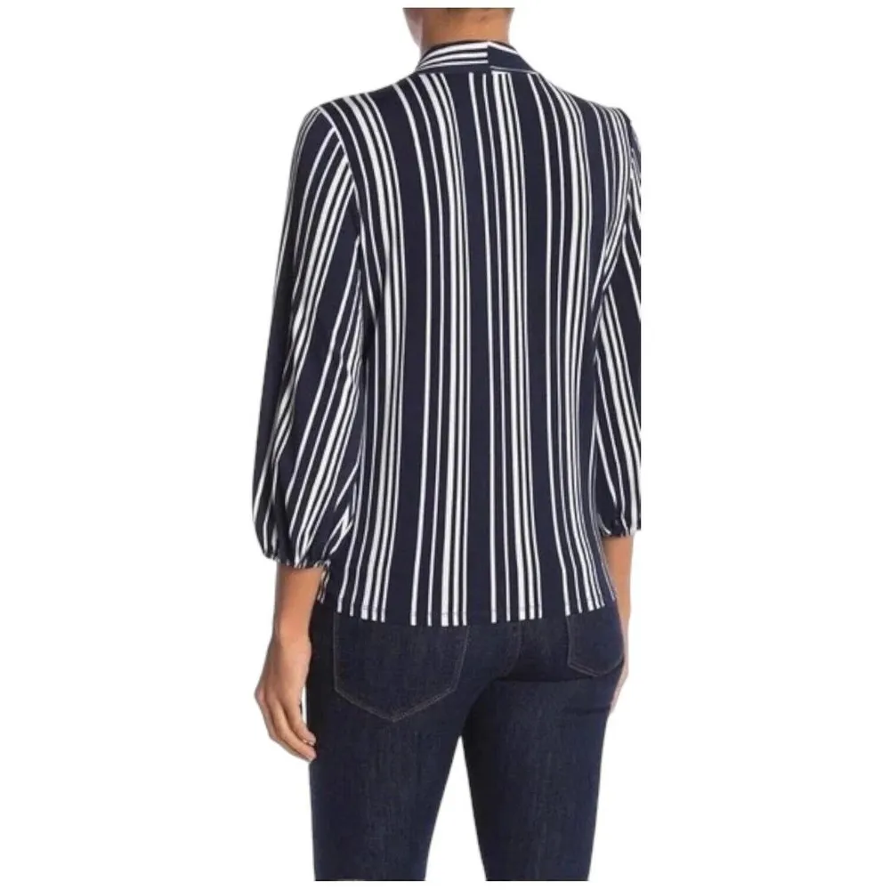 Adrianna Papell Faux Wrap Striped V Neck Career Blouse Blue L - Image 12