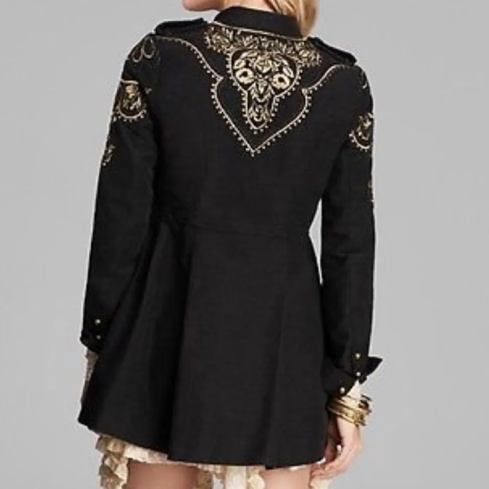 Free People Sargeant Floral Embroidered Embellished‎ Military Coat Black 2 - Image 2