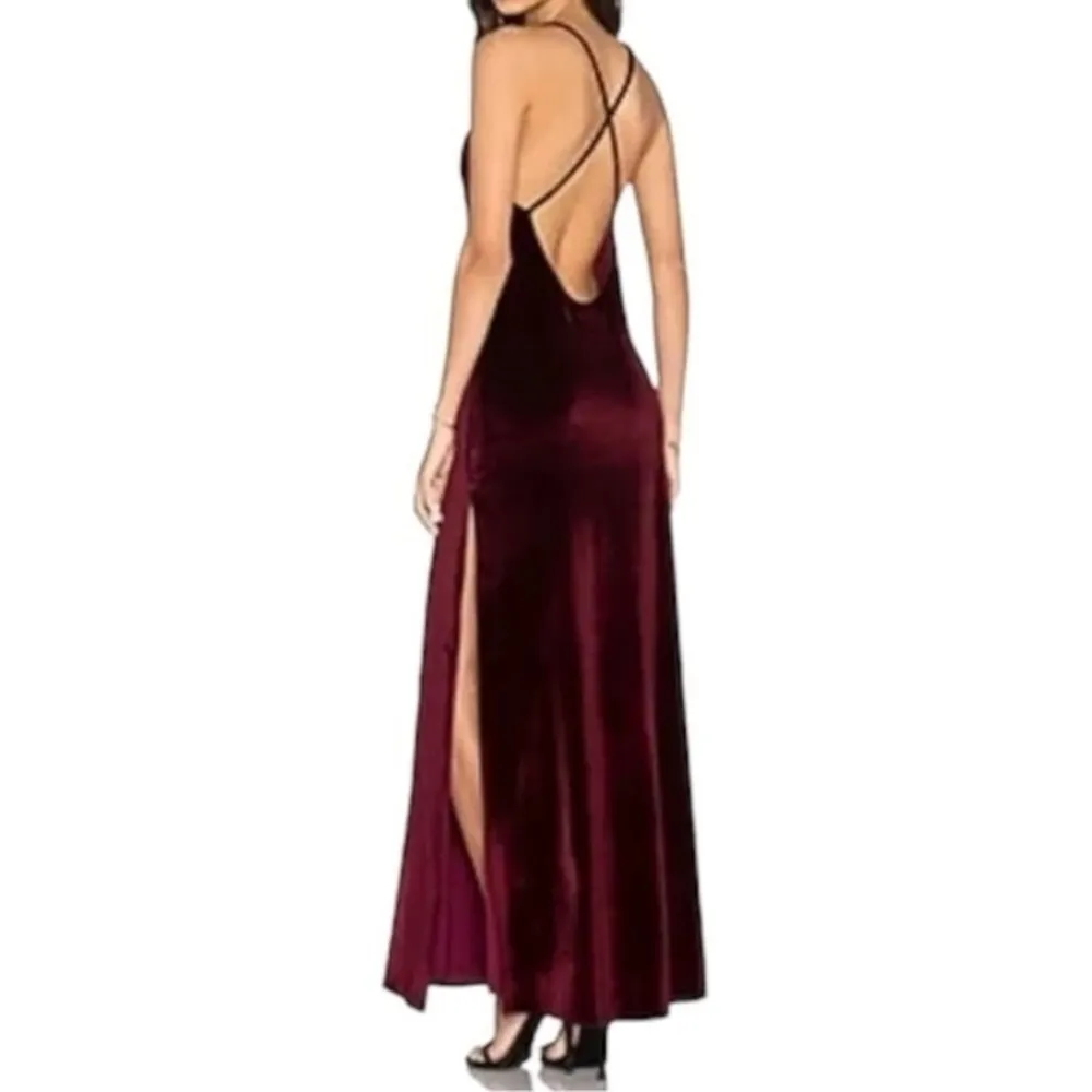 NBD Women’s S Burgundy Wine Velvet In the Deep Slit Sides Low Back Maxi Dress - Image 2