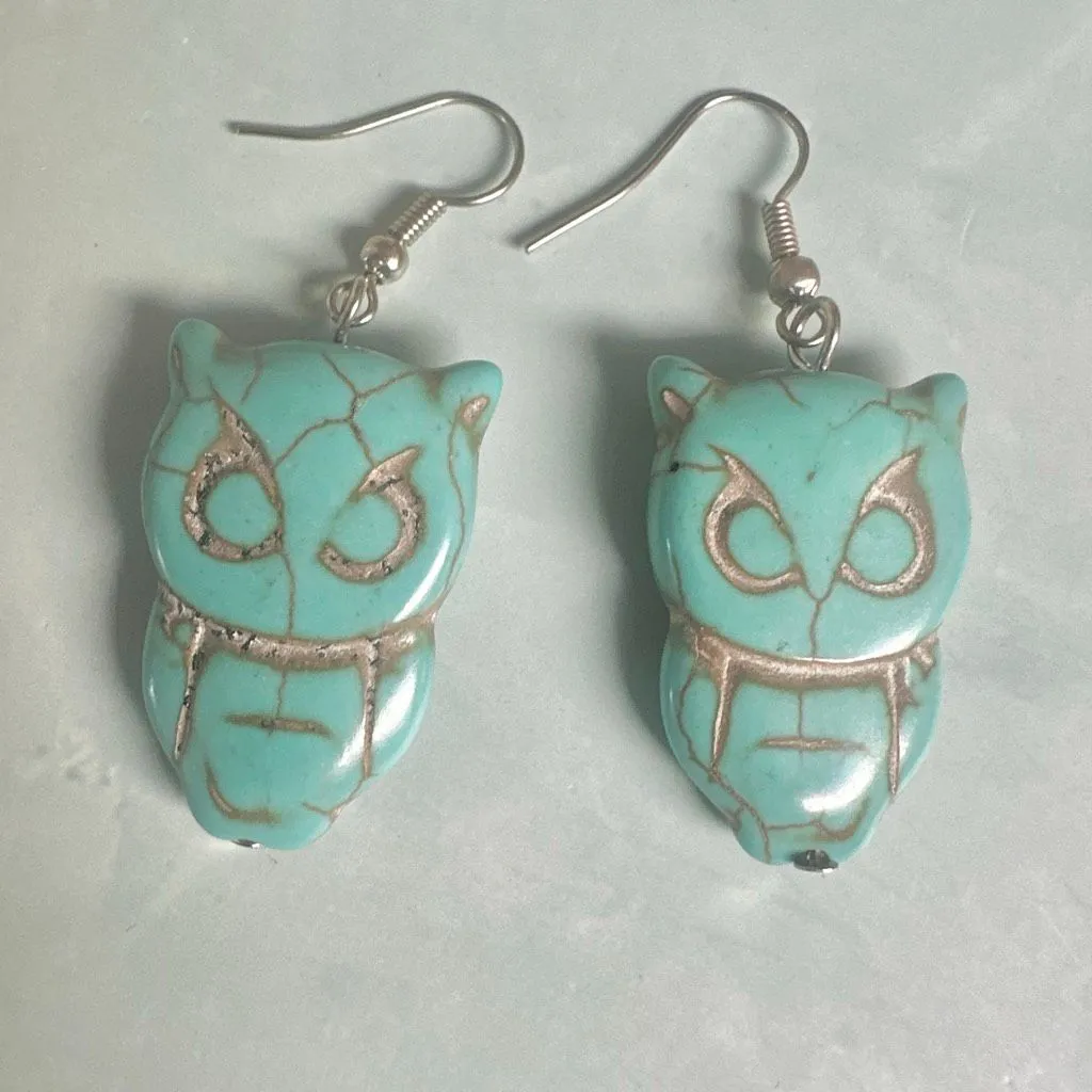 Turquoise Howlite Owl Dangle Earrings Blue - Image 6