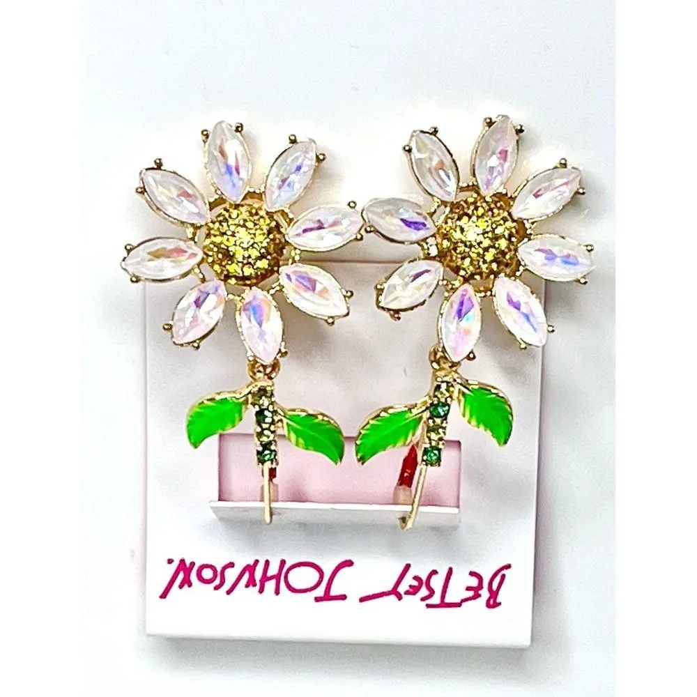 Betsey Johnson Iridescent Stone FLOWER EARRINGS 2.5" Dangle Drop Daisy Flowers - Image 2