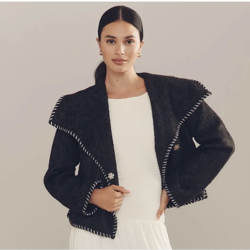 Anthropologie Wool Blend Collared Black Jacket with White Stitching - Image 3