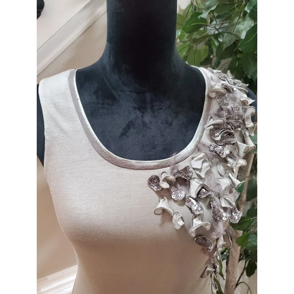 Classiques Entier Women's Beige Silk Ruffle Sequin Sleeveless Top Blouse XS - Image 12