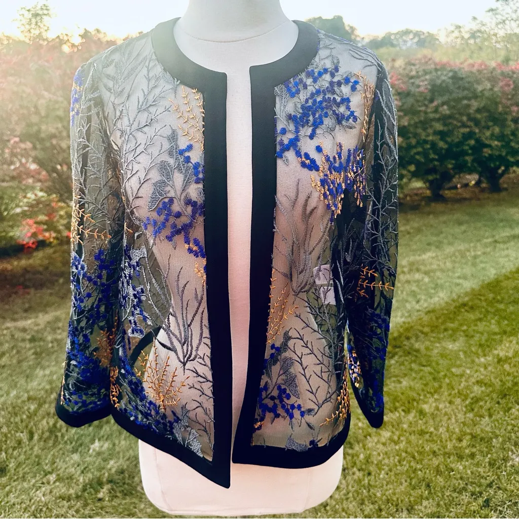 Nipon Boutique Elegant Sheer Embroidered Tulle Jacket Top Black Size 8 - Image 3