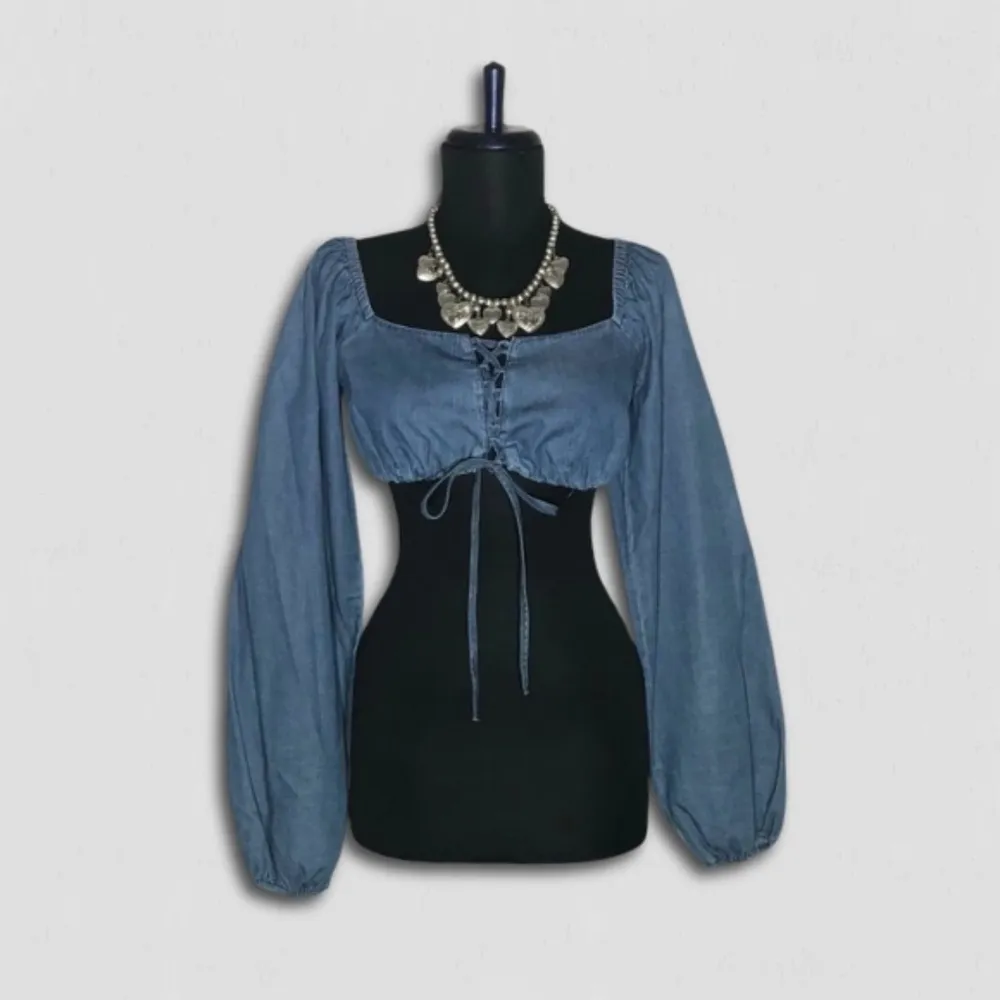 Forever 21 Cropped Chambray Blue Top Tie Front Long Sleeve Small - Image 2